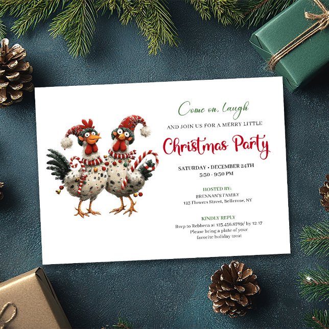 Carte de vœux de fête de fin d'année à dessin à ma (Funny Chickens Hand Drawn Holiday Celebration Invite)