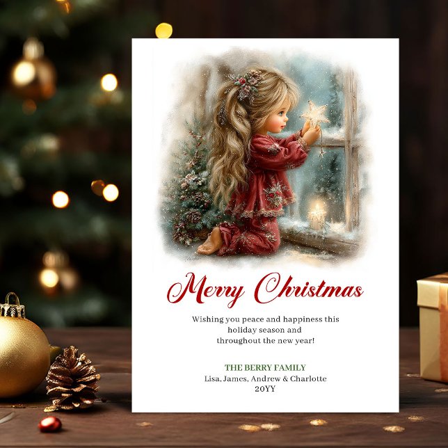 Carte de vœux de fête de petite fille mignonne et  (Cozy Cute Little Girl Holiday Scene Greeting Card

)
