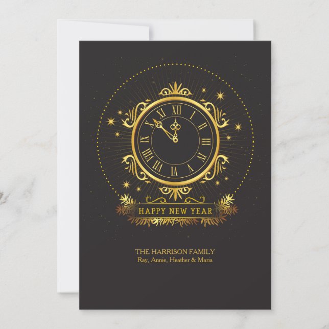 Carte de vœux de fêtes à l'horloge dorée (Devant)