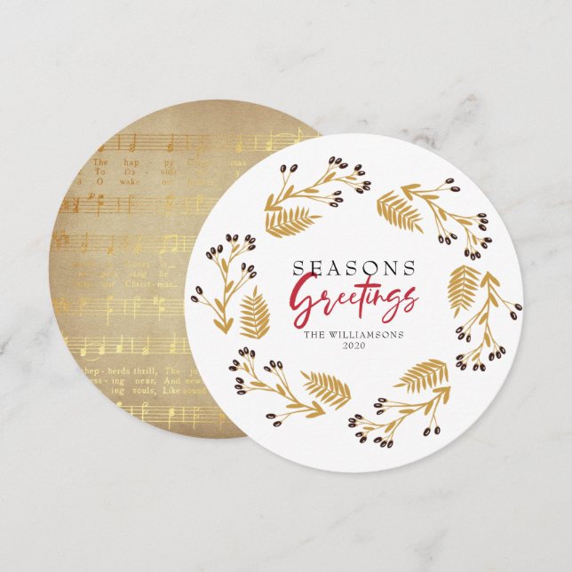 Carte de vœux de fêtes avec couronne florale dorée (Devant / Derrière)
