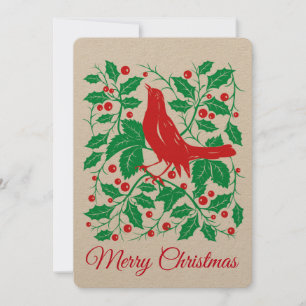Carte de vœux de fêtes Red Bird & Holly avec baies
