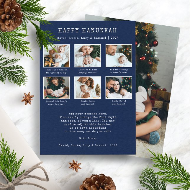Carte de vœux de Hanukkah Joyeux (Merry Christmas Photo Collage Holiday Card - Navy Blue and White)