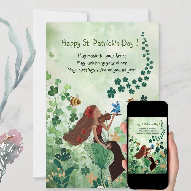 Carte de vœux de la Saint-Patrick avec musique (St. Patrick's Day Holiday Card with Music, featuring woman playing a violin,, great card for holiday)
