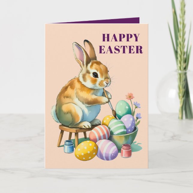 Carte de vœux de lapin mignon peignant des œufs de (Devant)