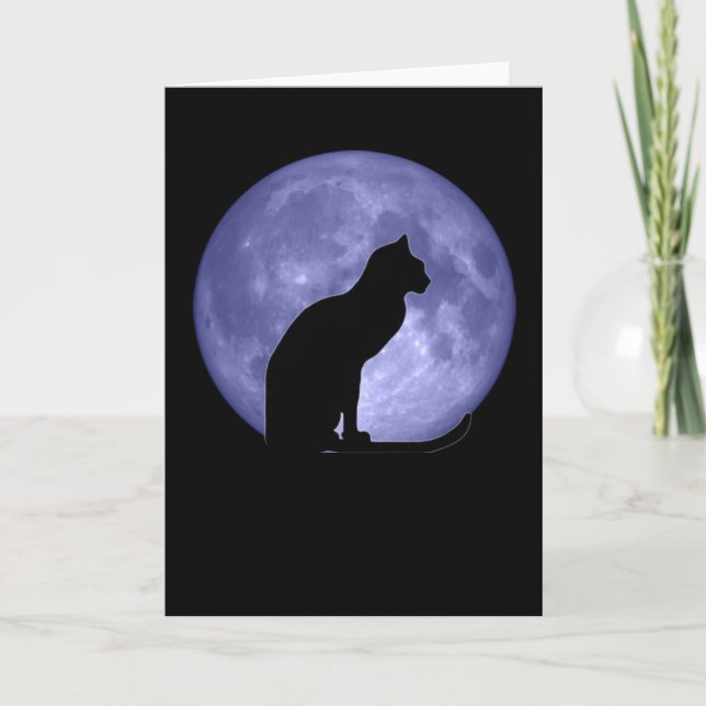 Carte de voeux de lune bleue de chat noir (Devant)