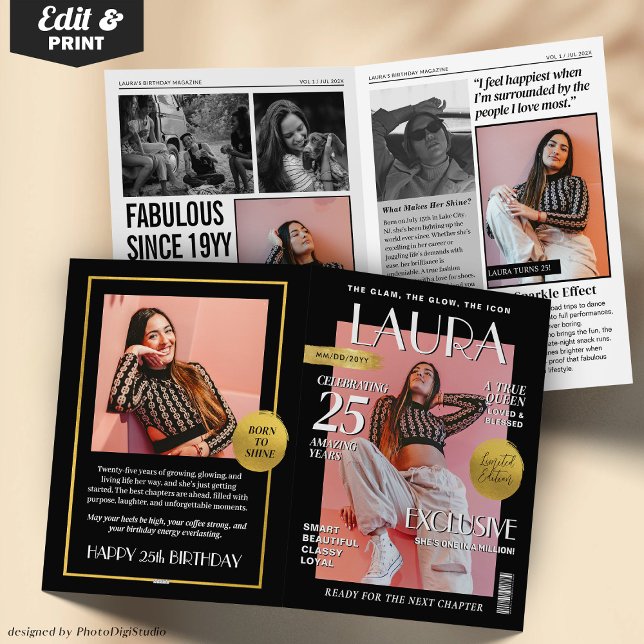 Carte de vœux de magazine personnalisée, anniversa (Custom Magazine Greeting Card, Fun Modern Birthday Card)