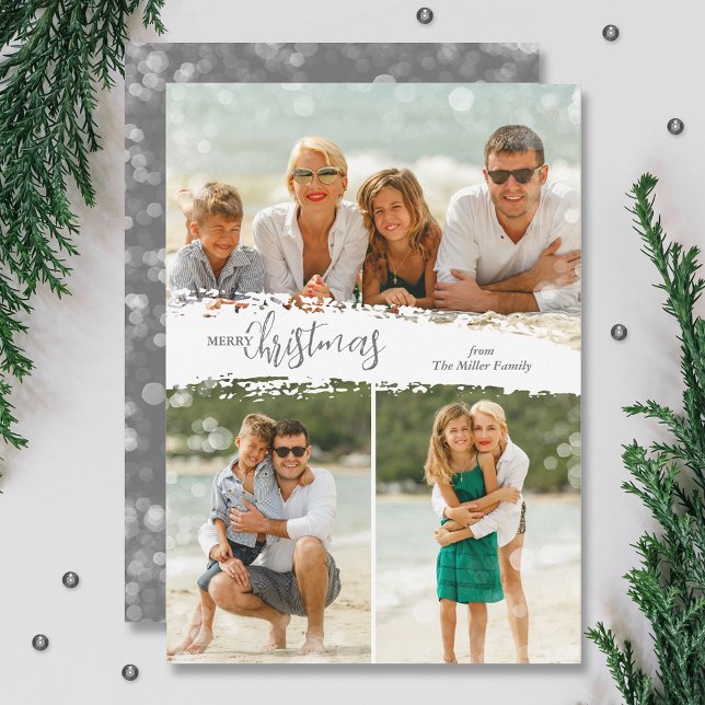 Carte de vœux de Noël 3 photos Collage (Silver grey Merry Christmas 3 photo grid collage holiday cards, PRINTED and/or INSTANT DOWNLOAD)