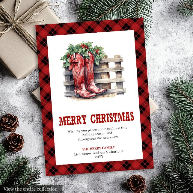Carte de vœux de Noël à carreaux rouges rustique w (Western Rustic Red Plaid Christmas Greeting Card)