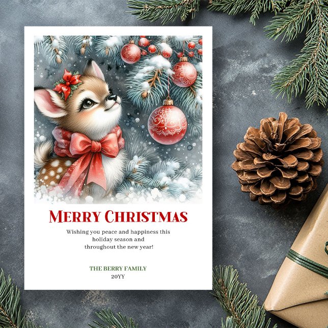 Carte de vœux de Noël à l'aquarelle Faon enneigé s (Silent Snowy Fawn Watercolor Christmas Greeting Christm)