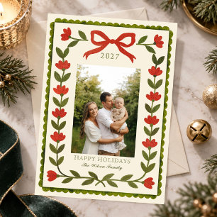 Carte de vœux de Noël à motif floral avec nœud rou
