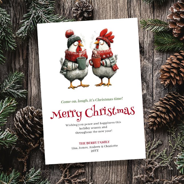 Carte de vœux de Noël à poulets fantaisistes moder (Modern whimsical chickens Christmas greeting card

)