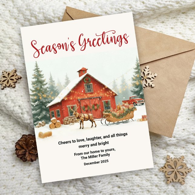 Carte de vœux de Noël aquarelle grange Saison des  (Créateur téléchargé)