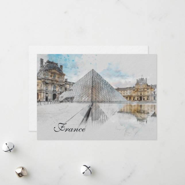 Carte de vœux de Noël au Louvre aquarelle – Élégan (Devant/Arrière en situation)