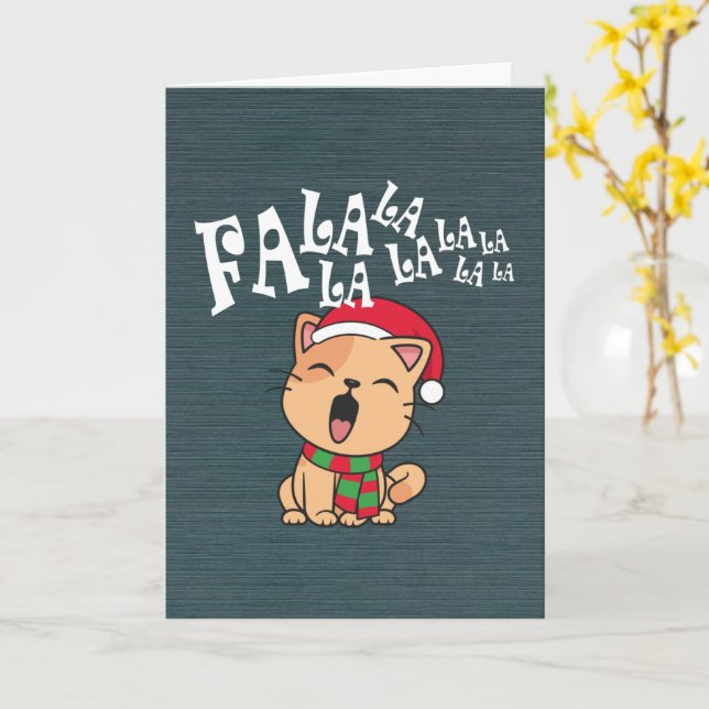 Carte de vœux de Noël avec chat chantant Fa La La  (Fleur jaune)