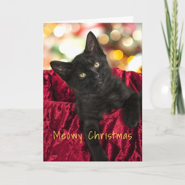 Carte de vœux de Noël avec chaton noir Meowy (Devant)