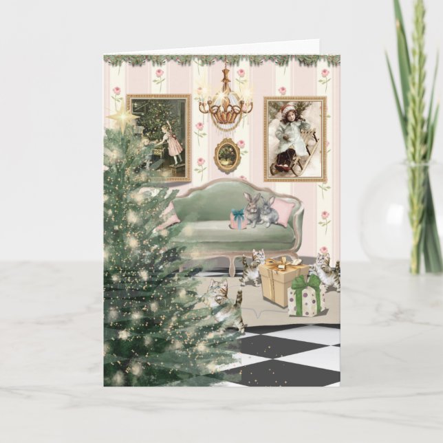 Carte de vœux de Noël avec chats et lapins (Devant)