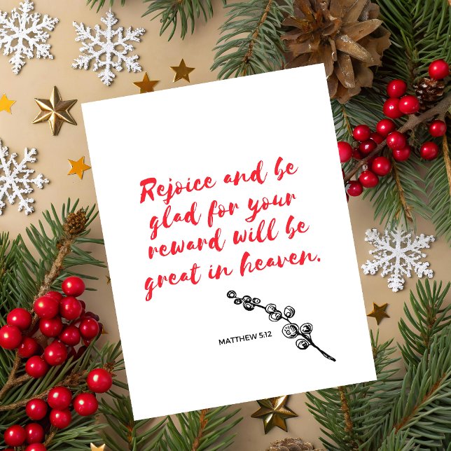 Carte de vœux de Noël avec Matthieu 5:1 Écriture (Christmas greeting card with red typography and Matthew 5:1 Bible verse on beige festive background.)