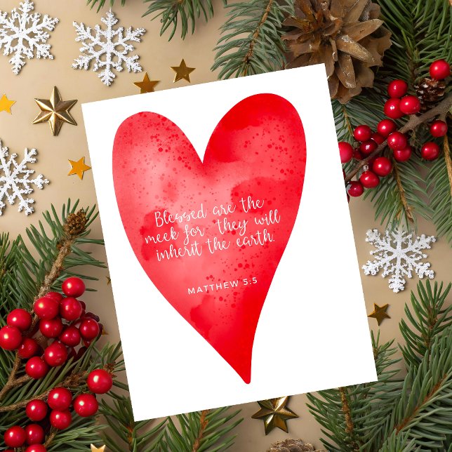 Carte de vœux de Noël avec Matthieu 5:5 Écriture (Christmas greeting card with red watercolor heart and Matthew 5:3 Bible verse on white background.)
