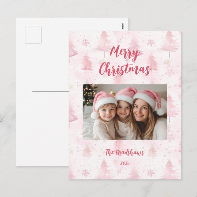 Carte de vœux de Noël avec pins de Noël roses (Devant / Derrière)