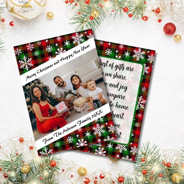 Carte de vœux de Noël avec poème Plaid & Snowflake (Festive Plaid and Snowflake Holiday Photo Card With Poem)