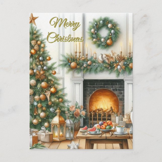 Carte de vœux de Noël avec sapin et cheminée (Devant)