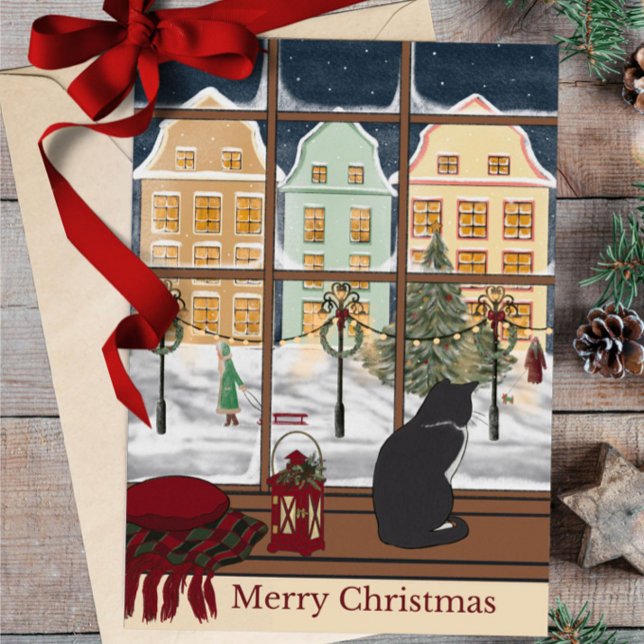 Carte de vœux de Noël avec scène hivernale et chat (Créateur téléchargé)