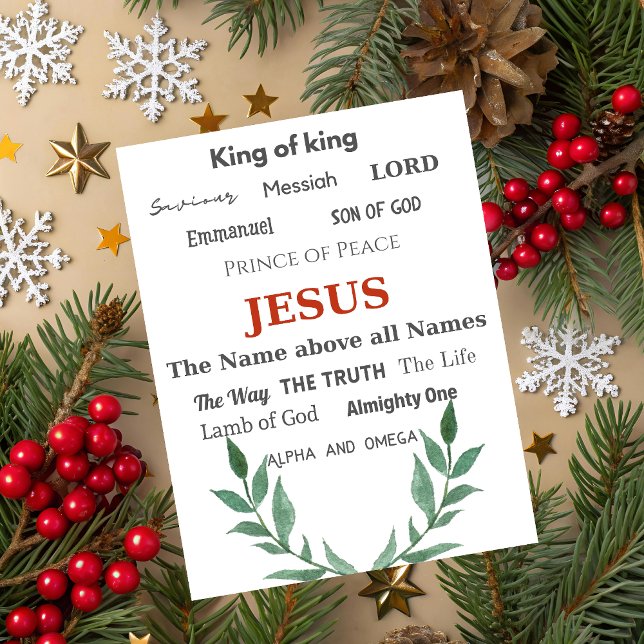 Carte de vœux de Noël avec typographie des noms de (Christmas greeting card with black typography Jesus Names of All Names on white background.)