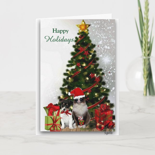 Carte de vœux de Noël avec un chien et un chat mig (Devant)