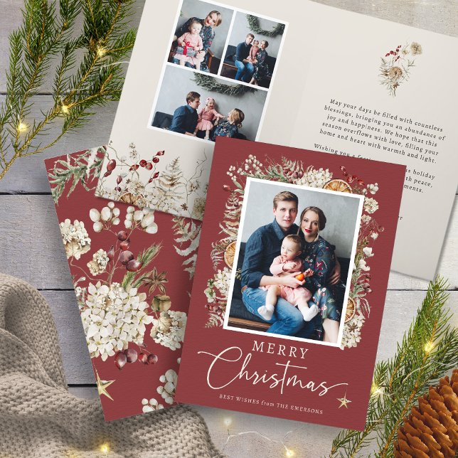 Carte de vœux de Noël botanique rouge (Red Rustic Boho Botanical Christmas Greeting Card
)