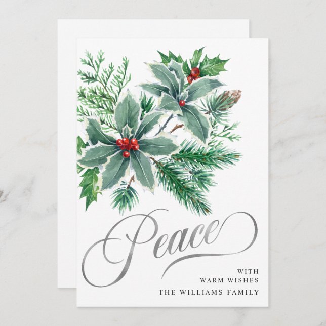 Carte de vœux de Noël Branche de houx à baies PAIX (Devant / Derrière)