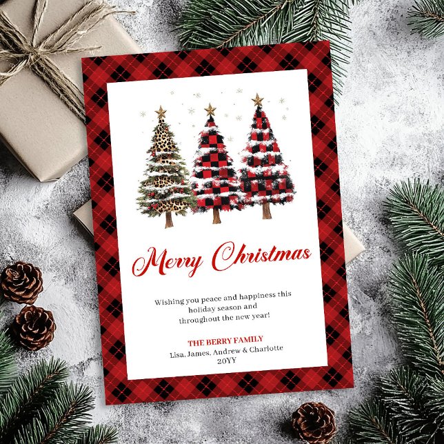 Carte de vœux de Noël classique à carreaux de Buff (Classic Buffalo Plaid Christmas Tree Greeting Card)