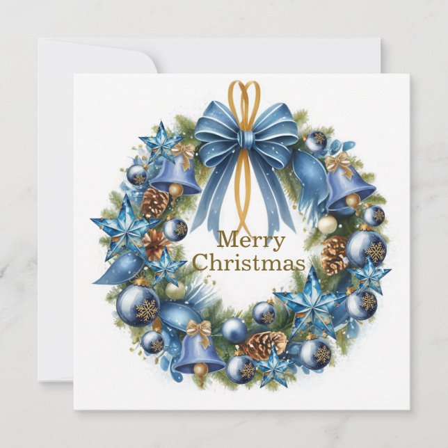 Carte de vœux de Noël couronne de bleu et or (Devant)