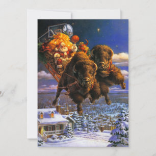 Carte de vœux de Noël de bison tirant le Père Noël