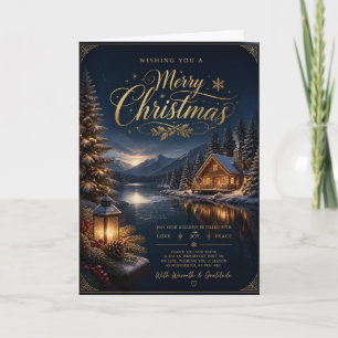 Carte de vœux de Noël de cabane au bord d'un lac a