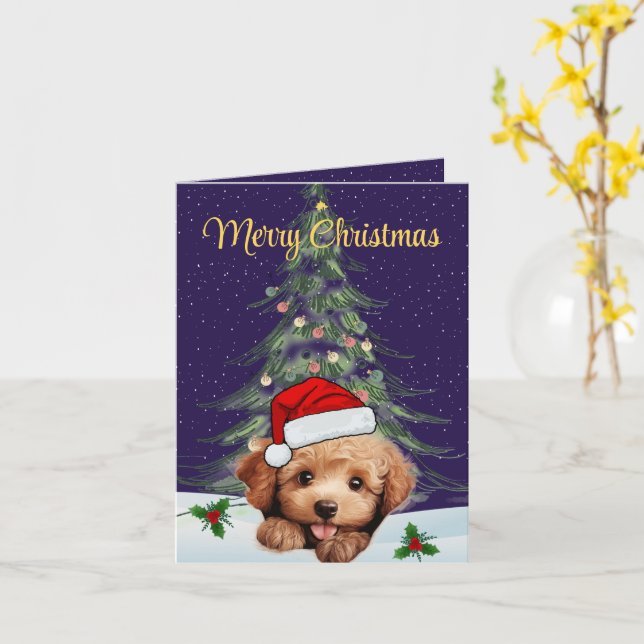 Carte de voeux de Noël de caniche de jouets person (Fleur jaune)