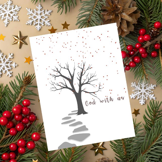 Carte de vœux de Noël Dieu avec nous (Christmas greeting card with black typography God is with us and a dry tree on white background.)