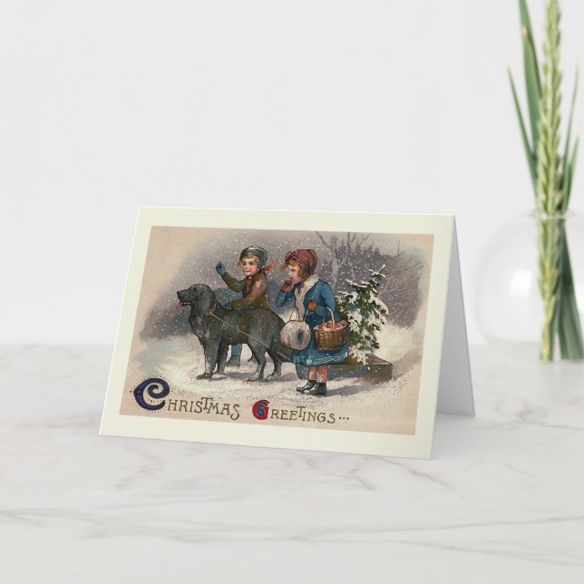Carte de voeux de Noël "Dog Pulling Sled" (Devant)