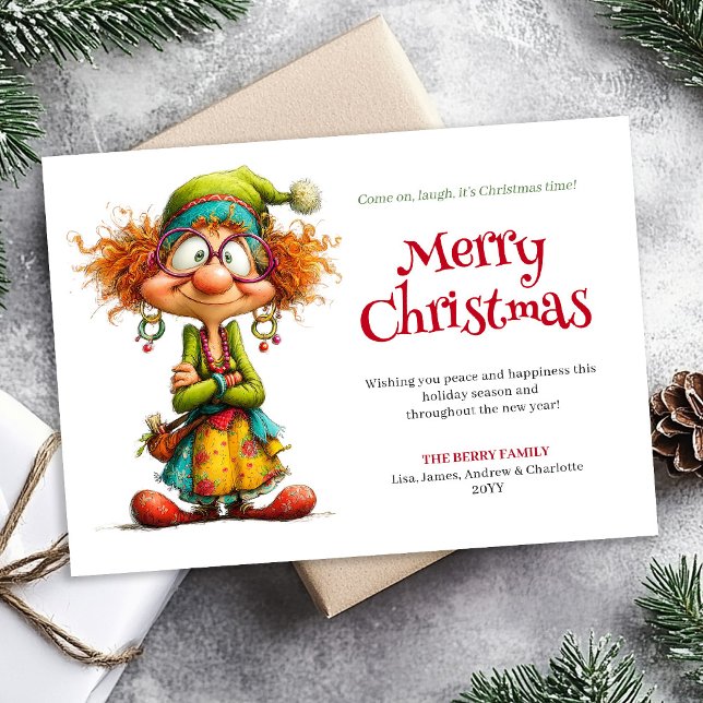 Carte de vœux de Noël éditable de femme de dessin  (Crazy Cartoon Woman Editable Xmas Greeting Card)