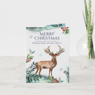 Carte de vœux de Noël élégante avec cerf et houx p
