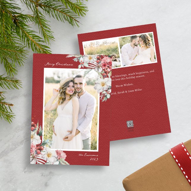 Carte de vœux de Noël élégante avec collage de pho (Red Merry Christmas Photo Collage Holiday Card with Elegant Watercolor Botanical Florals Berries)