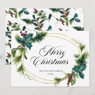 Carte de vœux de Noël Élégante Pin Sapin Houx Baie
