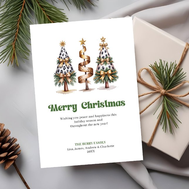 Carte de vœux de Noël élégante verte et or léopard (Elegant Green Gold Leopard Christmas Tree Greeting Card)