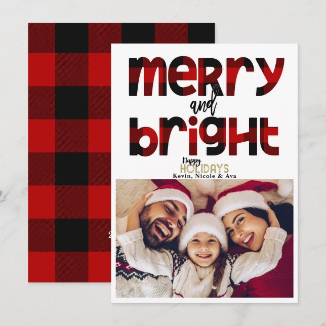 Carte de vœux de Noël en famille MERRY & Bright (Devant / Derrière)