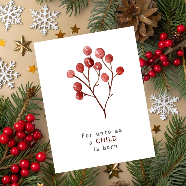 Carte de vœux de Noël Esaïe 9:6 (Christmas greeting card with red berry branch and Isaiah 9:6 Bible verse on white festive background)