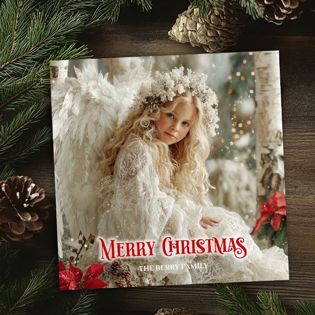 Carte de vœux de Noël familiale éditable à l'ange  (Victorian angel editable Christmas family greeting)