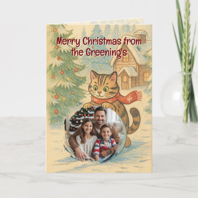 Carte de voeux de Noël famille et chat (Devant)
