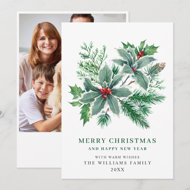 Carte de vœux de Noël festive baie de houx PHOTO (Devant / Derrière)