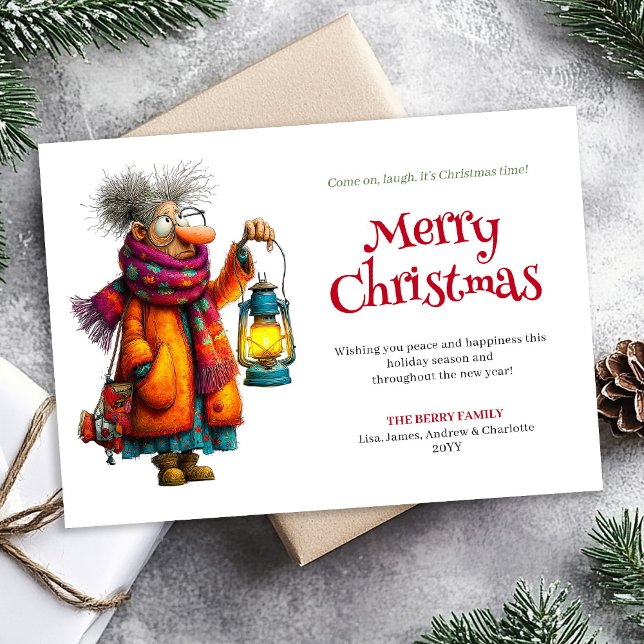 Carte de vœux de Noël festive et drôle pour femme, (Festive Funny Woman Editable Christmas Greeting Card)