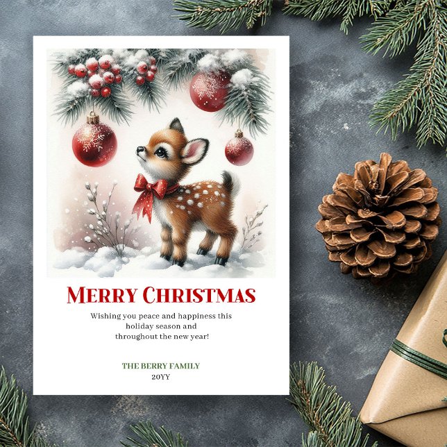 Carte de vœux de Noël forêt enneigée Faon délicat (Delicate Fawn Snowy Forest Christmas Greeting Christmas)