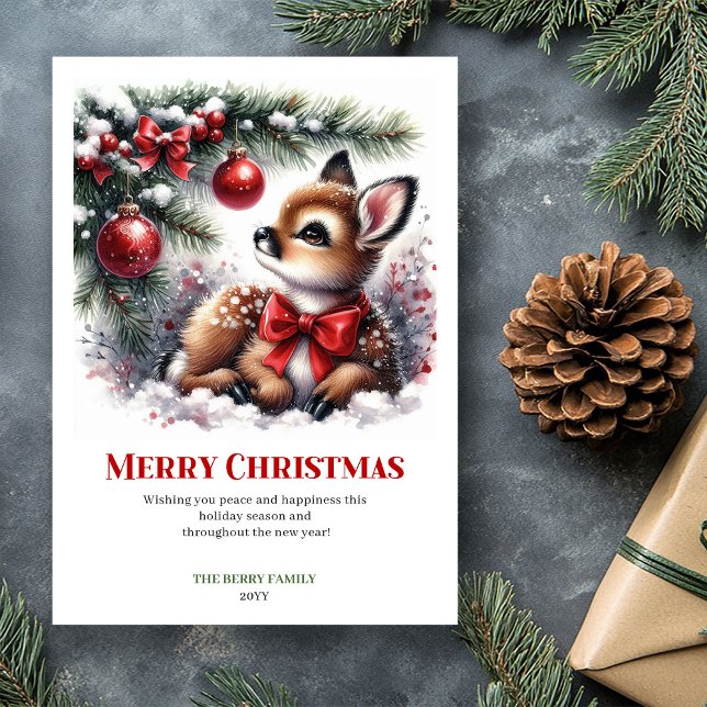 Carte de vœux de Noël forêt enneigée Faon séraphiq (Seraphic Fawn Snowy Forest Christmas Greeting Card)